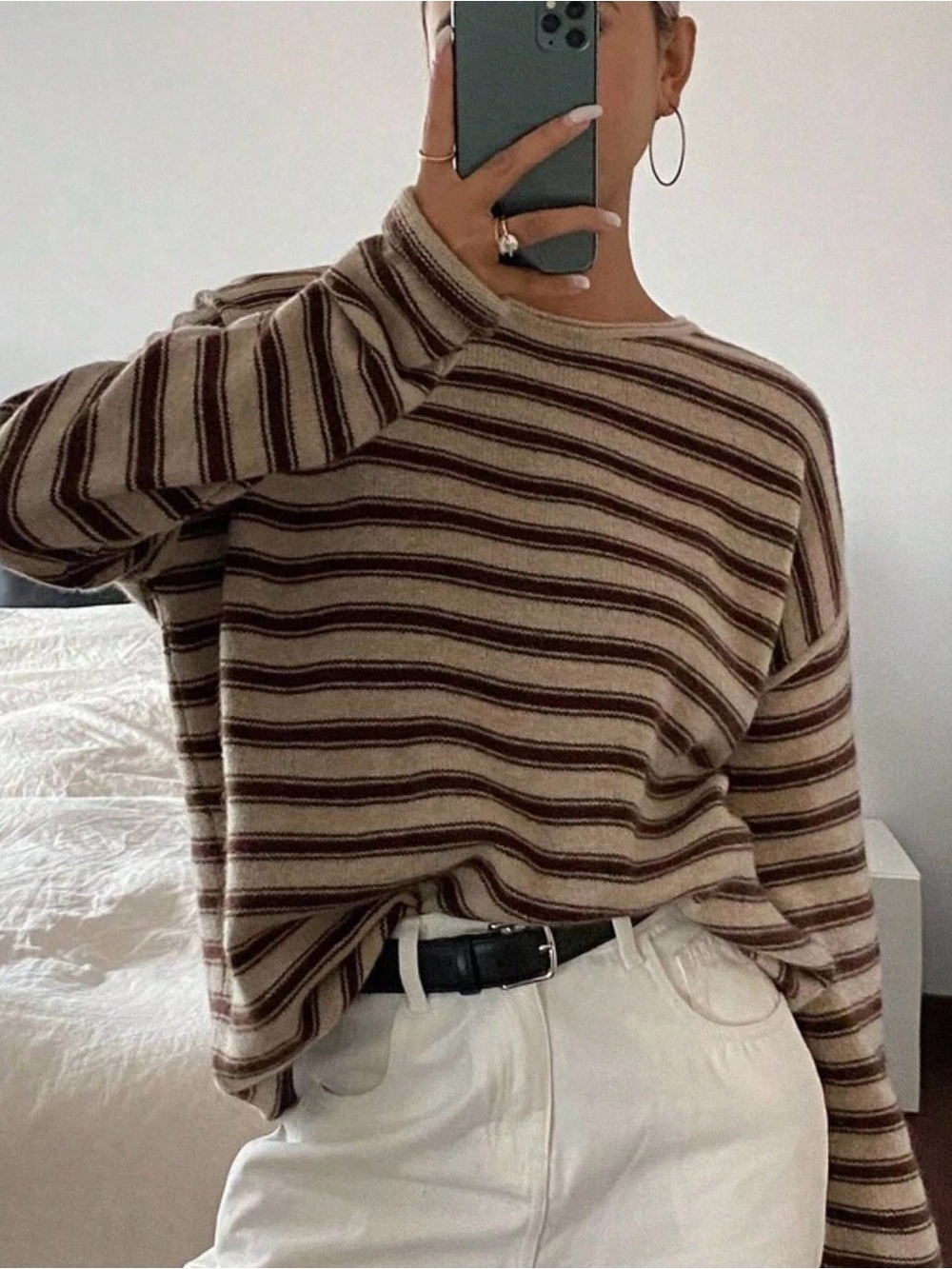 Striped Crewneck Sweater in Cream and Brown - Picture 3 of 3